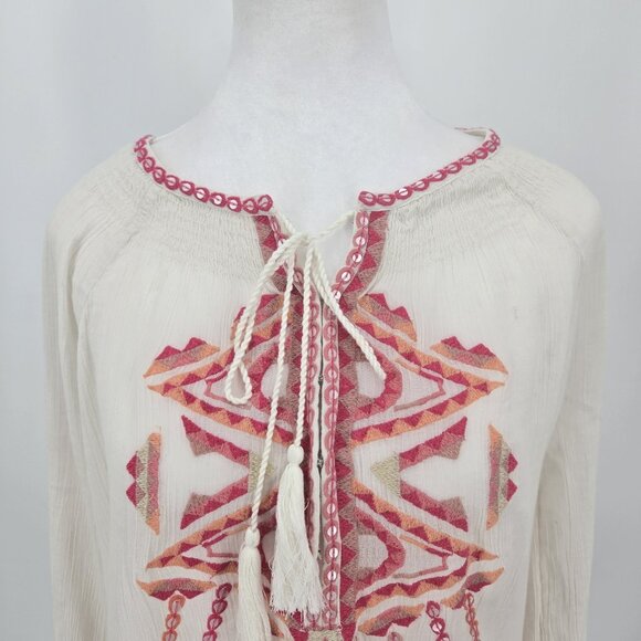 SUNDANCE Lotus Floral Embroidered Tunic Top Long Sleeve Sheer Boho Size Medium - Picture 3 of 9